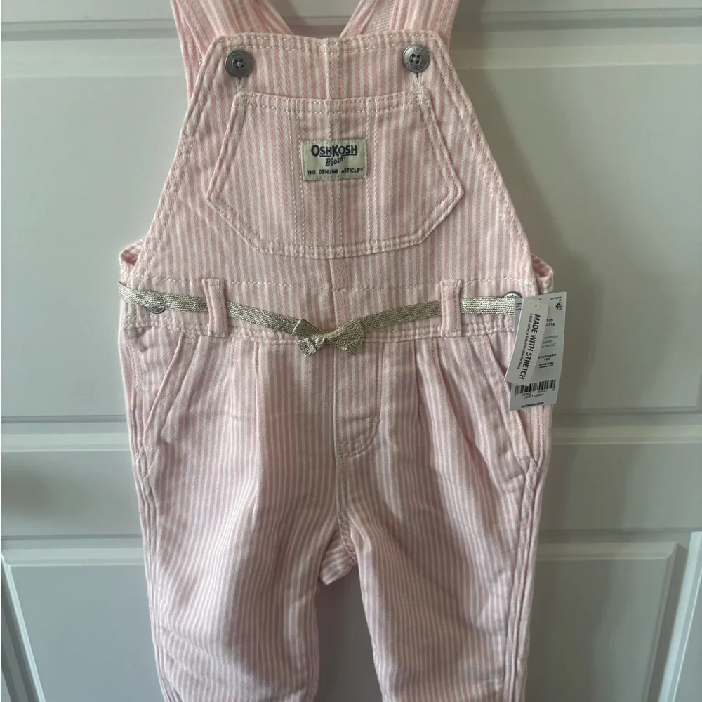 NWT OshKosh B'gosh Pink & White Striped Girls' Overalls with Gold Belt Size 18M
